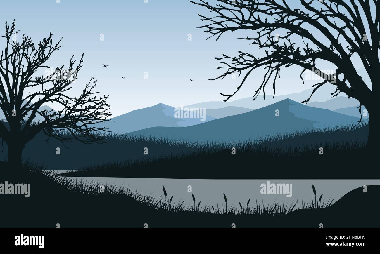 Unglaubliches Panorama von Bergen und Seen mit blauem Himmel mit fantastischen trockenen Baumsilhouetten.Vektor-Illustration einer Stadt Stock Vektor