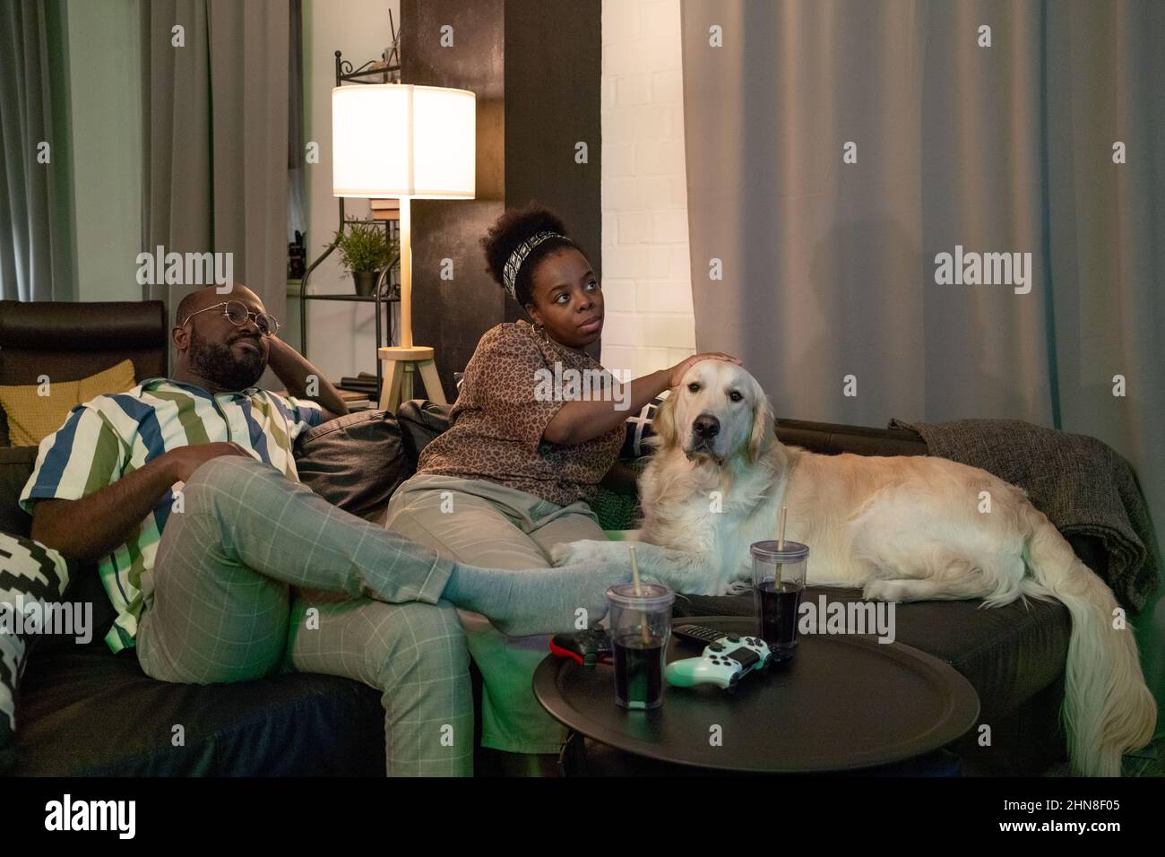 Afrikanisches junges Paar, das sich mit ihrem labrador auf dem Sofa ausruhte und sich auf den interessanten Film konzentrierte, verbrachte abends Zeit zu Hause Stockfoto