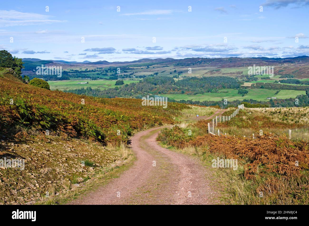Kurvenreicher Moorpfad auf einem Hügel über dem Tay Valley, mit Blick auf die Hügel über dem Tal, Herbst, Tayside, Perthshire Schottland Großbritannien Stockfoto