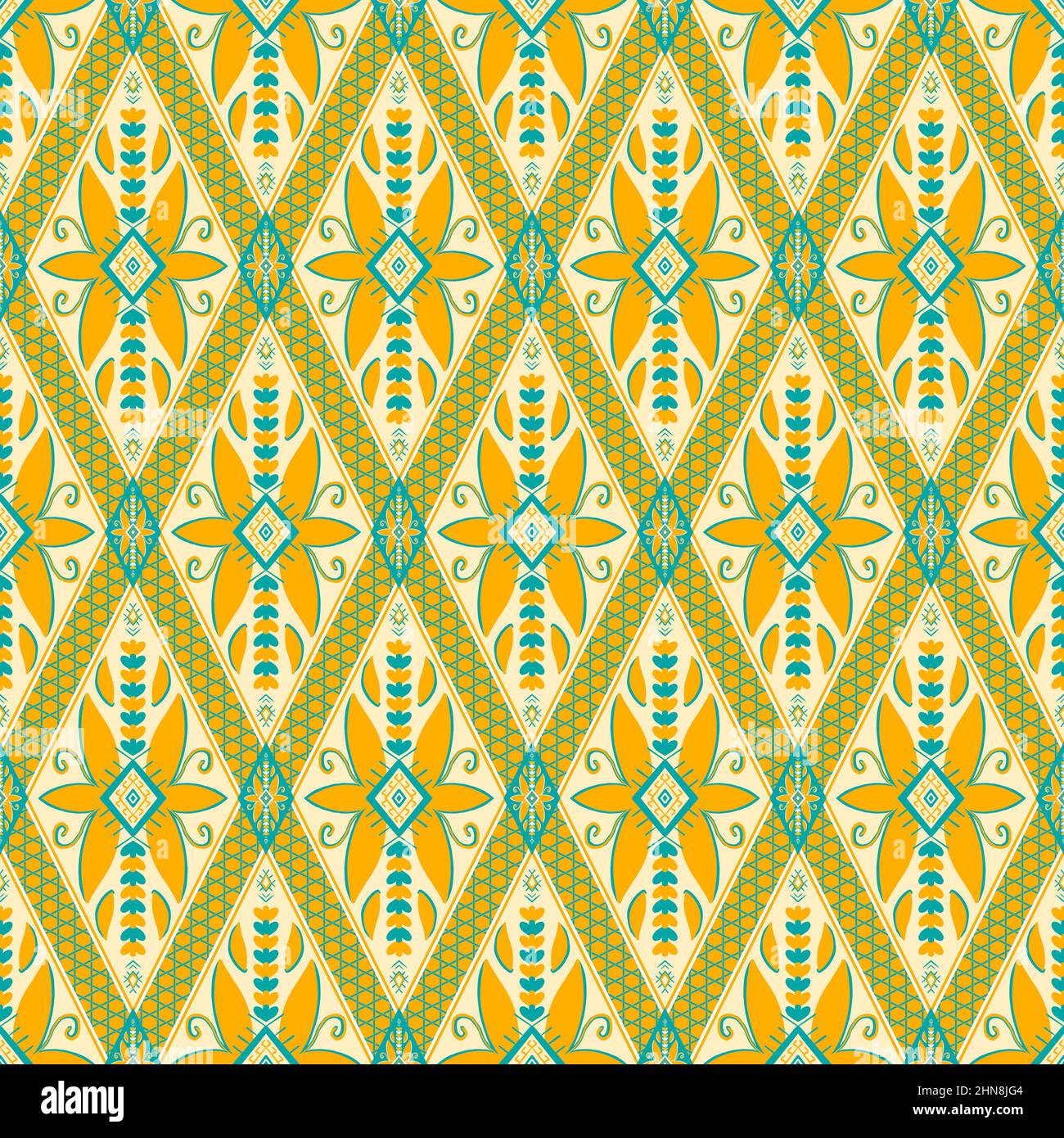 Gelb-grüne blaugrüne Blume auf Elfenbein. Geometrisches ethnisches orientalisches Muster traditionelles Design für Hintergrund, Teppich, Tapete, Kleidung, Verpackung, Batik, Stoff Stockfoto