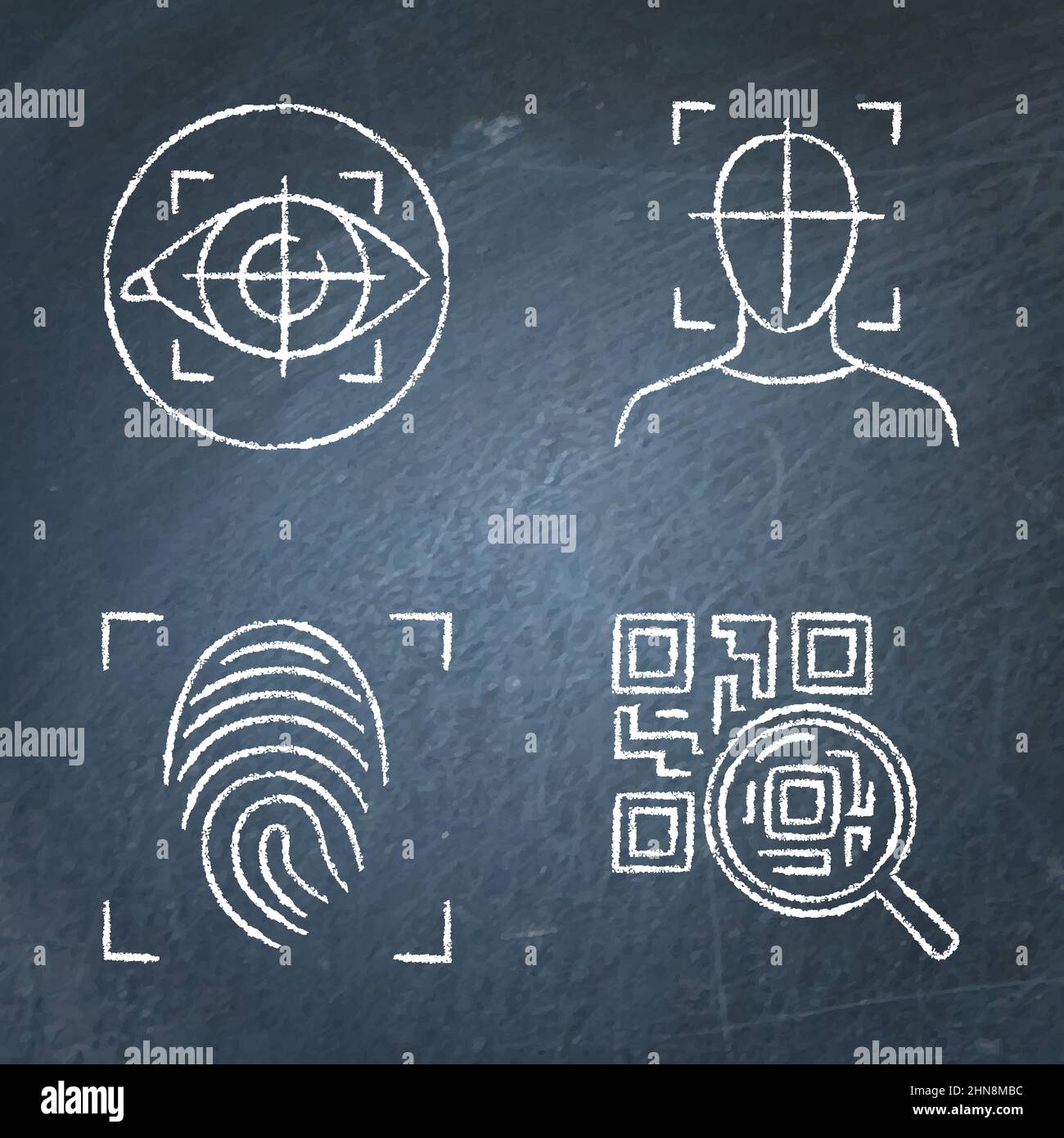 Biometrischer Scan und QR-Code-Symbol auf dem Schwarzen Brett. Vektorgrafik. Stock Vektor