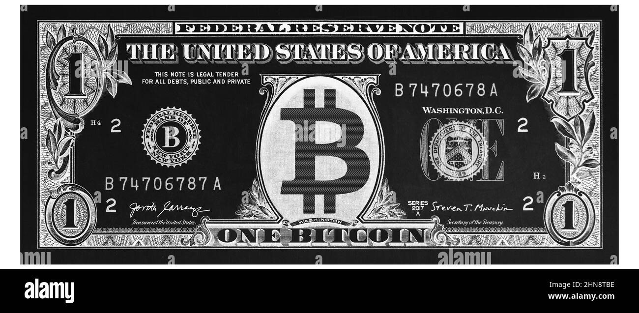 1 eine Bitcoin-Banknote , US 1 sehr detaillierte Dollar-Banknote Stockfoto