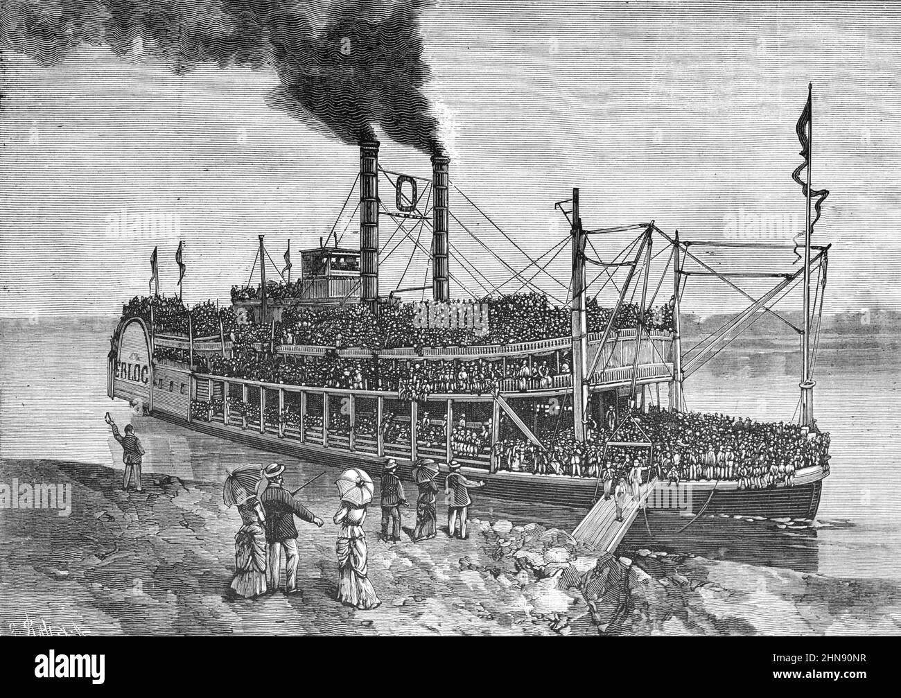 Passagiere auf einem Dampfboot oder Paddle-Dampfschiff auf dem Ohio River der Vereinigten Staaten von Amerika oder der USA. Vintage Illustration oder Gravur 1882 Stockfoto