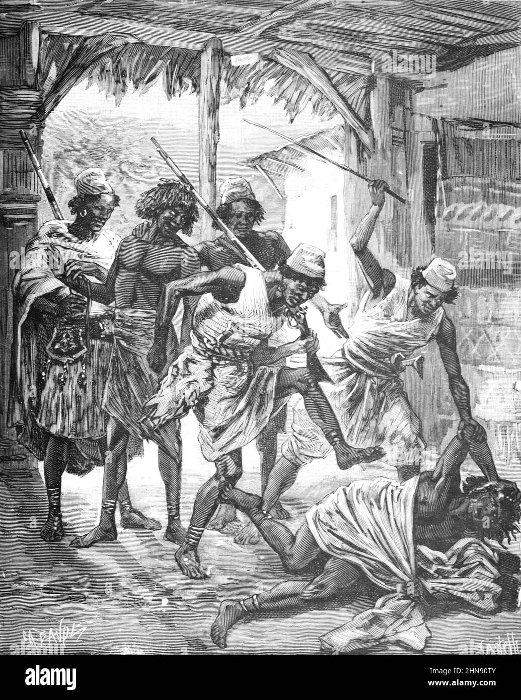 Ashanti Wars Ghana Tribe rettet Gefangene aus Rival Tribe oder Faction Ghana Africa. Vintage Illustration oder Gravur 1882 (Castelli) Stockfoto