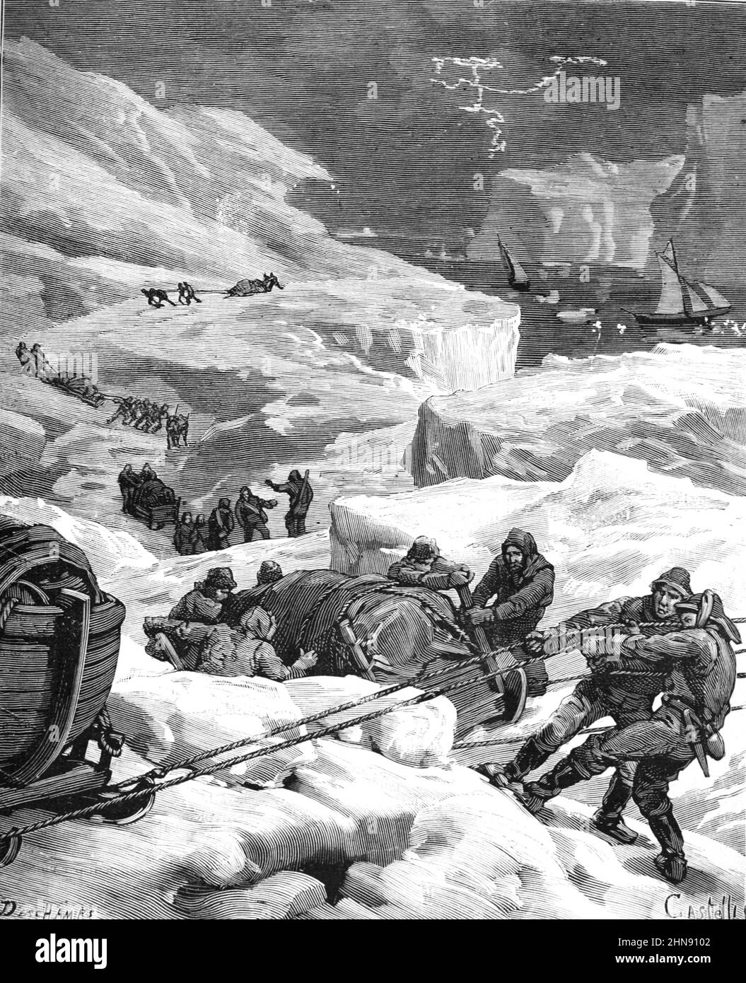 Schiffbruch oder Untergang des Polar-Expeditionsschiffs USS Jeannette, ehemals HMS Pandora, in der Arktis am 12. Juni 1881 am Ende der Jeannette-Expedition 1879-1881. Vintage Illustration oder Gravur 1883. (Descamps-Castelli) Stockfoto