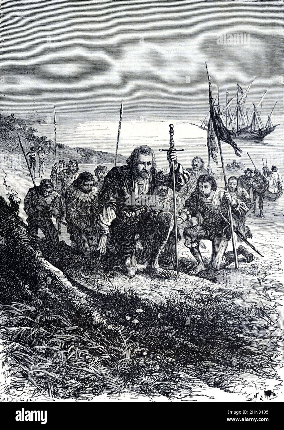 Christopher Columbus & His Crew Land in San Salvador, jetzt auf den Bahamas, und entdecken so die Neue Welt oder Nordamerika, während seiner ersten Reise, im Jahr 1492. Vintage Illustration oder Gravur 1881. Stockfoto