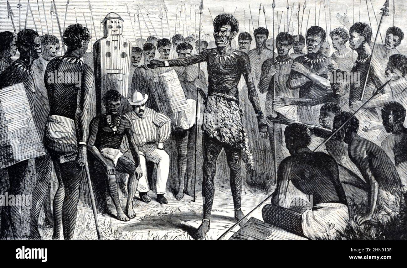 Volksurteil, Stammesurteil oder Gerichtsverfahren in Oberkongo-Afrika. Vintage Illustration oder Gravur 1881. Stockfoto