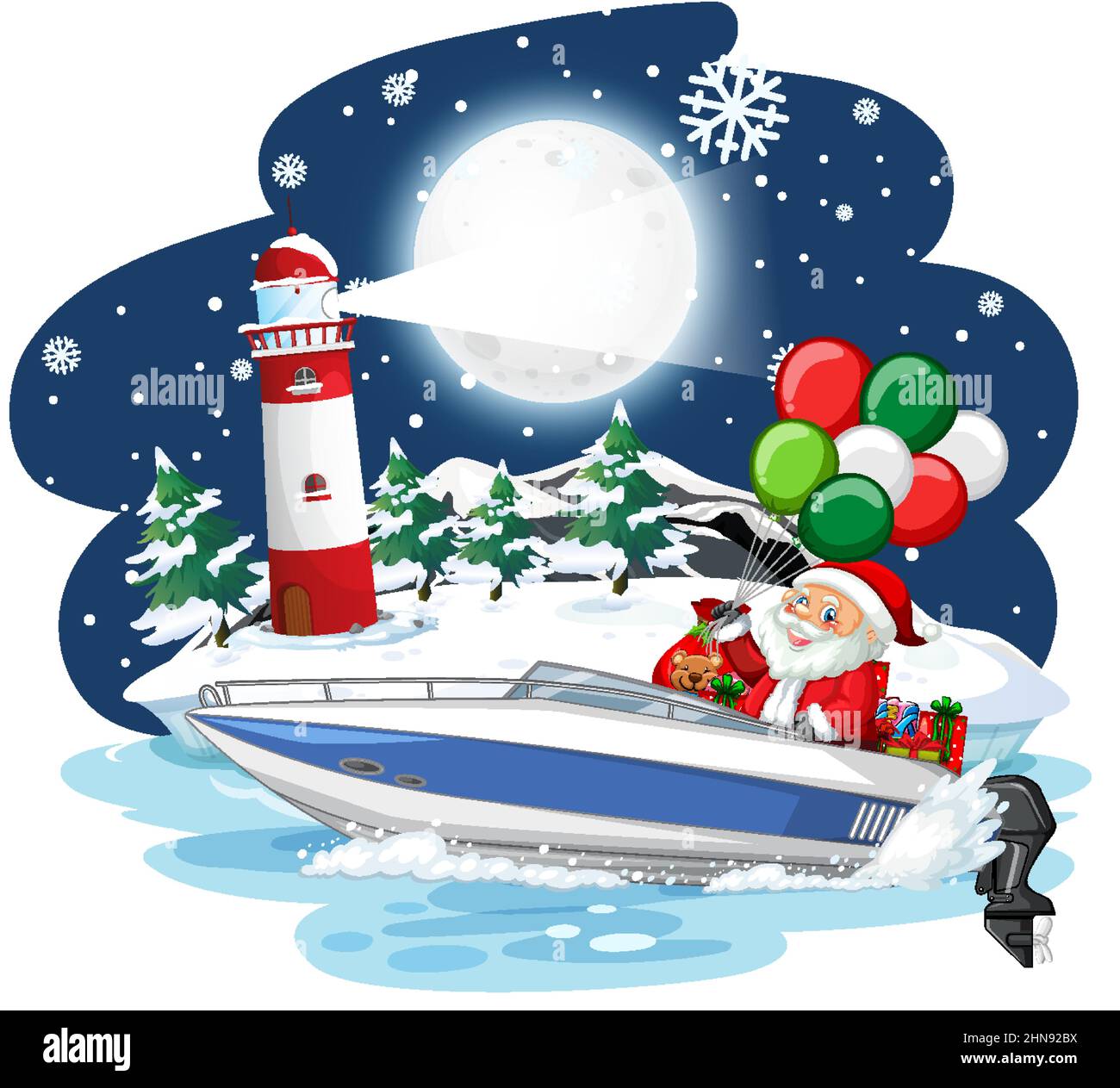 Weihnachtsmann auf einem Schnellboot bei verschneiten Nächten Illustration Stock Vektor