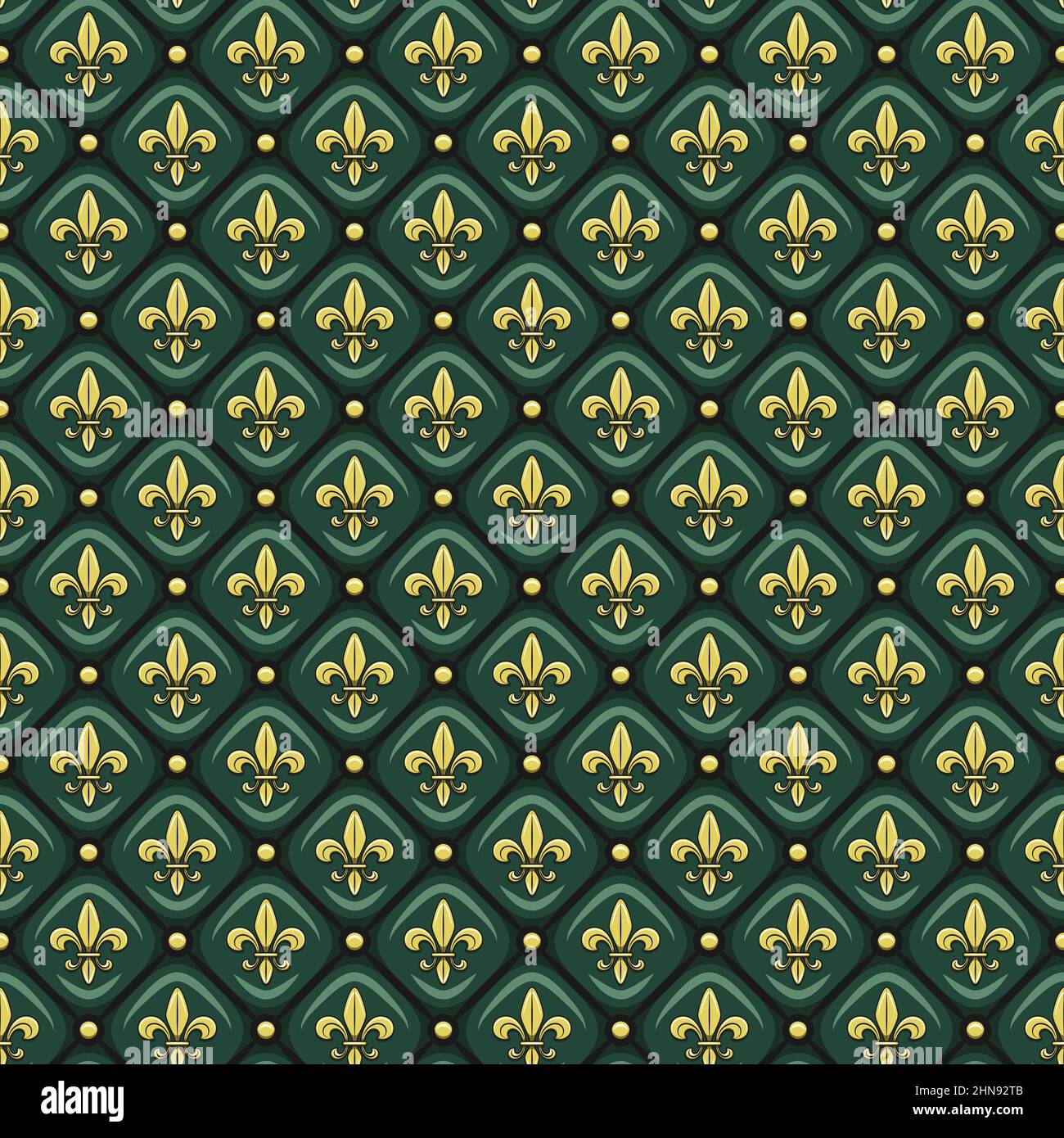 Nahtloses Muster mit grünem Lederbezug, goldenem Fleur-de-LIS. Vektorhintergrund. Stock Vektor