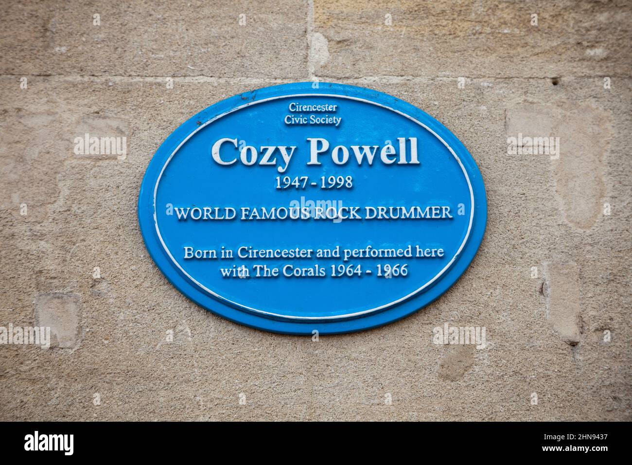 Blaue Plakette, Cozy Powell, Cirencester, Cotswolds Stockfoto