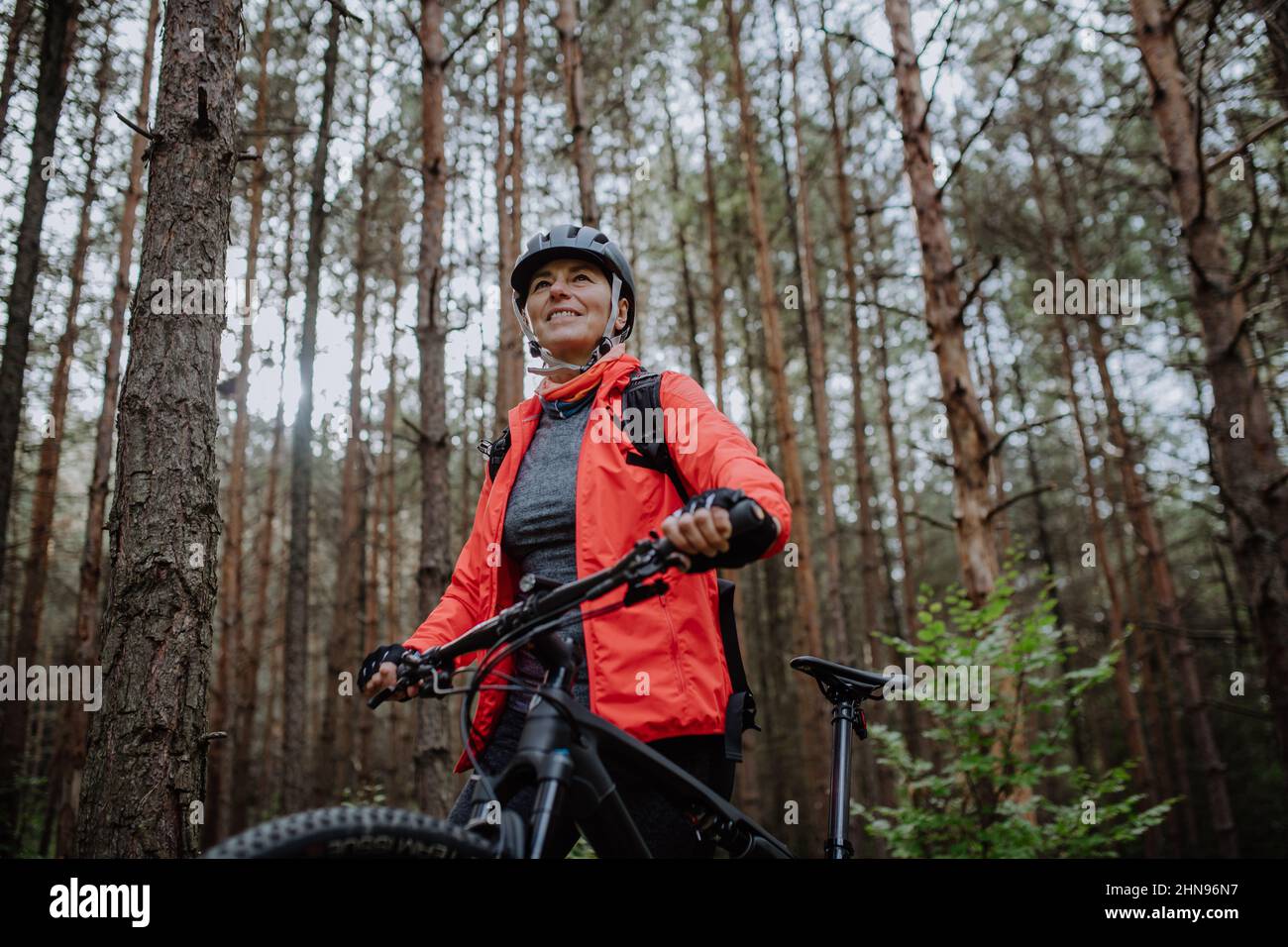 Low-Angle-Ansicht der älteren Frau Biker Wandern und schieben Fahrrad im Freien im Wald am Herbsttag. Stockfoto