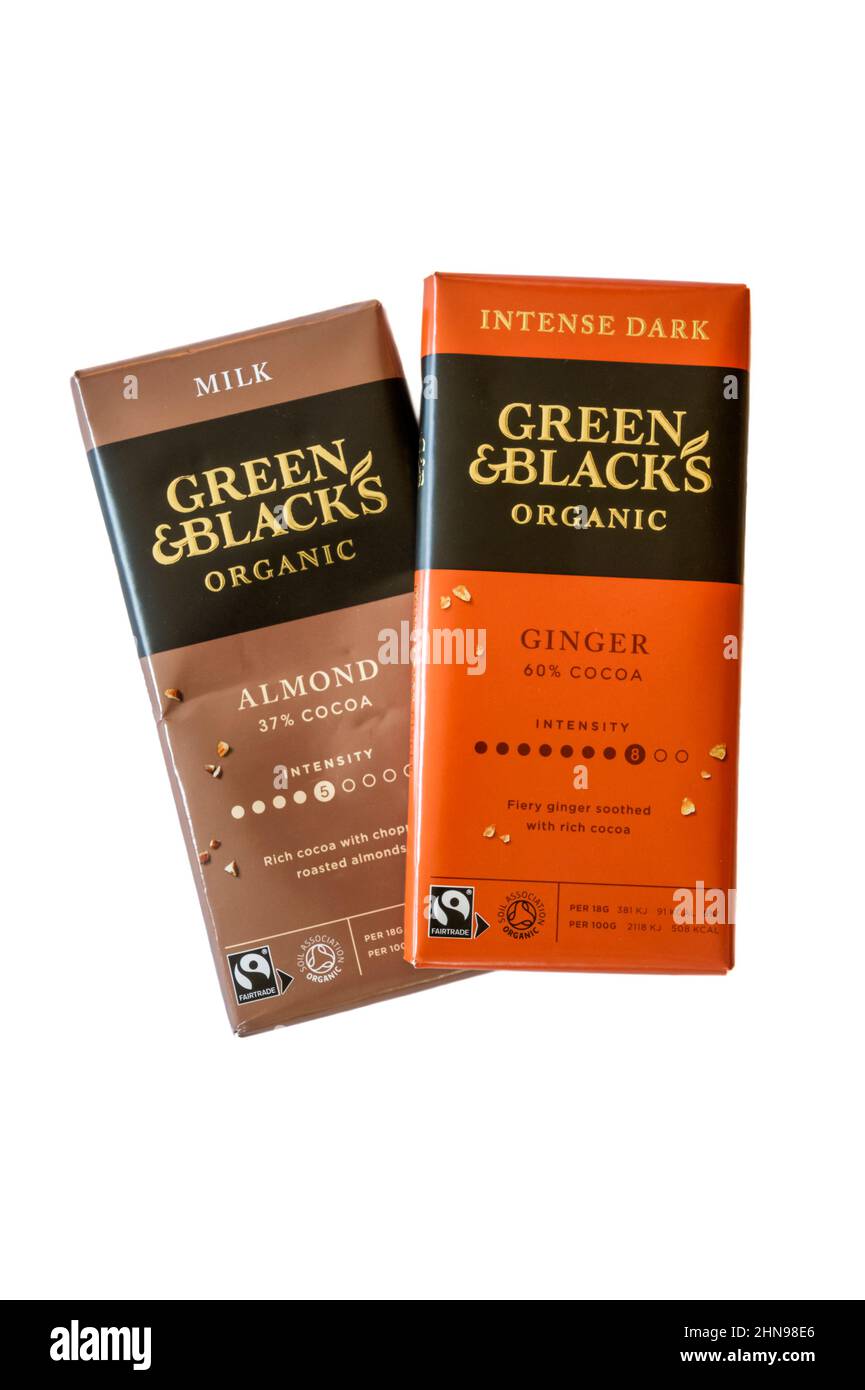 Green & Black's Bio-Schokolade. Riegel aus intensiver Schokolade mit Ingwergeschmack und Milchschokolade mit Mandelgeschmack. Stockfoto