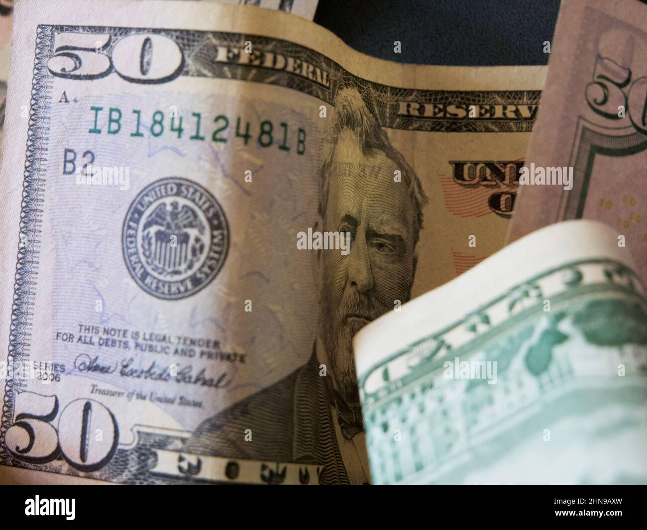 Porträt von Präsident Ulysses S. Grant auf einem 50-Dollar-Schein. Nahaufnahme des amerikanischen Papiergeldes. Stockfoto