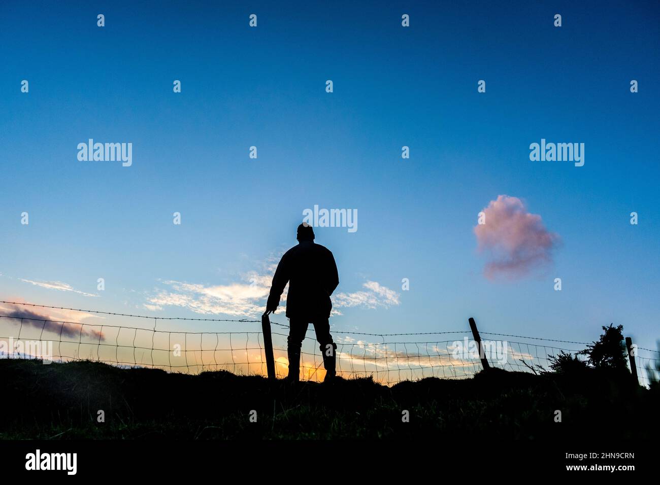 Silhouette eines Mannes, der im Morgengrauen über einen Zaun schaut. Stockfoto