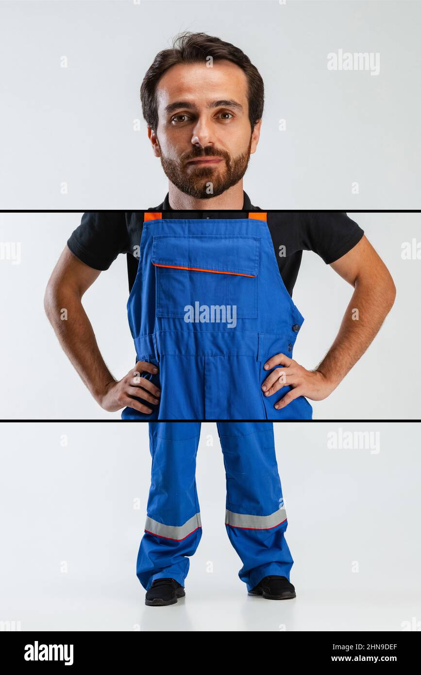 Collage mit einem jungen ernsthaften Mann, Automechaniker oder Monteur in Latzhose isoliert auf weißem Studiohintergrund. Konzept der lustigen Meme Emotionen. Zusammengesetzt Stockfoto