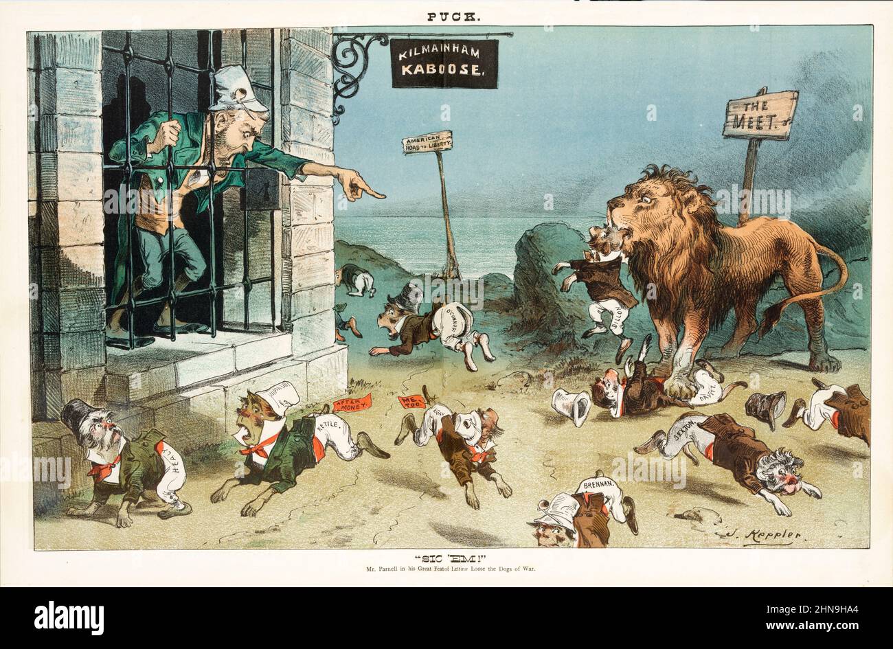 Eine Illustration des amerikanischen Puck Magazine aus dem späten 19th. Jahrhundert, die Charles Stewart Parnell zeigt, einen Gefangenen in der „Kilmainham Kaboose“, der eine Packung kleiner Hunde mit der Aufschrift „Healy, Kettle, Egan, O'Connor, Dillon, Davitt, Sexton und Brennan', um den britischen Löwen anzugreifen, stattdessen zerstreuen sie sich in alle Richtungen. Stockfoto
