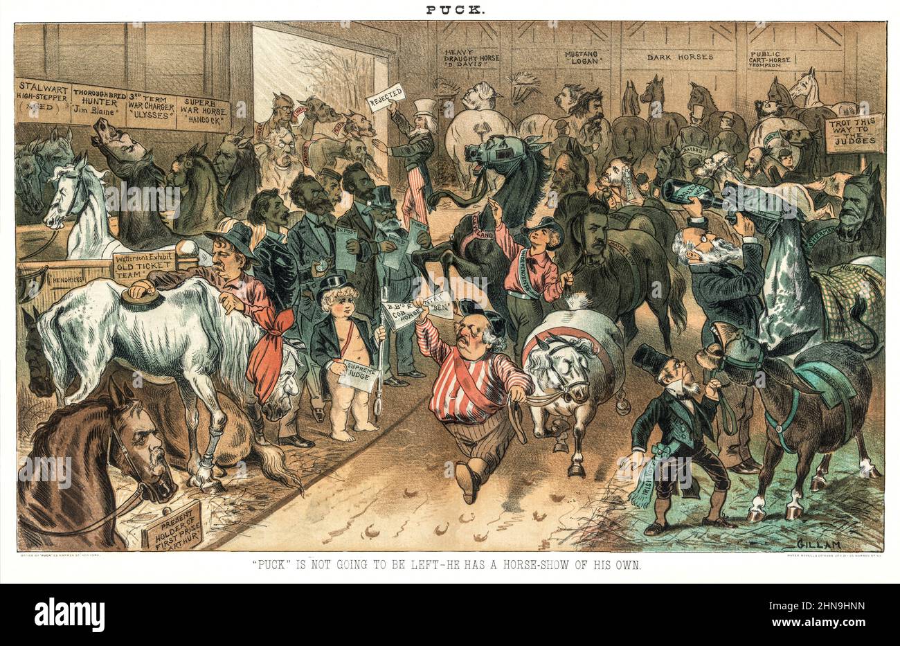 Eine Illustration des American Puck Magazine aus dem späten 19th. Jahrhundert, die das Innere einer Scheune zeigt, die von Pferden überfüllt ist und noch mehr versucht, hereinzukommen. Auf der Rückseite befinden sich republikanische Politiker mit Onkel Sam, die ein „abgelehnter“ Schild an der Tür halten. Im Zentrum steht Benjamin F. Butler, der ein Pferd führt, das wie er selbst aussieht, gefolgt von Pucks „Independent“-Parteifigur, die zwei Pferde führt, die als „Cleveland“ und „Mayor Low“ identifiziert wurden. Puck hält einen Lithographenstift und ein Schild mit der Aufschrift „Supreme Judge“ und steht mit den Zeitungsredakteuren Whitelaw Reid, Carl Schurz, James Gordon Bennett, Joseph Pulitzer und Murat zusammen Stockfoto
