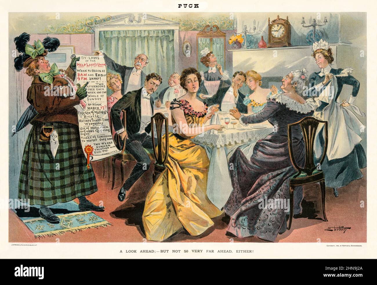 Eine Illustration des amerikanischen Puck Magazine aus dem späten 19th. Jahrhundert, die eine irisch-amerikanische Frau mit der Bezeichnung „Wanderdelegierte“ zeigt, die die „Satzung der Help Lady's Union“ während einer Dinnerparty zeigt, die von einer älteren Frau veranstaltet wird, die mit ihren Gästen an einem Tisch sitzt. Hausfrauen werden gesehen, wie sie ihre Schürzen entfernen, da ein Mann im Hintergrund den „Wanderdelegierten“ anordnet, zu gehen. Stockfoto