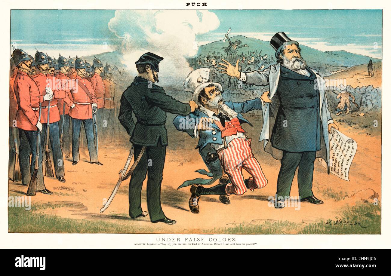 Eine Illustration des amerikanischen Puck Magazine aus dem späten 19th. Jahrhundert, die James Russell Lowell, den amerikanischen Minister für England, zeigt, der einem Iren, der wie Onkel Sam gekleidet ist und für anarchistische Aktivitäten in Gewahrsam des britischen Militärs ist, den Rücken zukehrt. Lowell hält ein Papier, in dem es heißt: „Alle solchen Personen sollten klar verstanden werden, dass sie nicht gleichzeitig Iren und Amerikaner sein können! Stockfoto