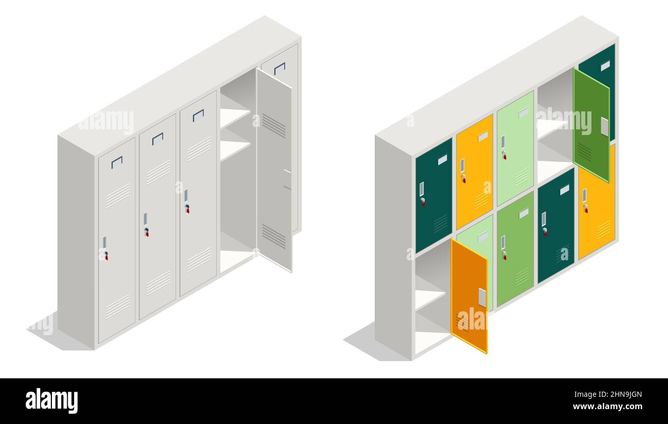 Isometrische Schule Schließfächer isoliert in weißem Hintergrund. Weißer und farbiger Schrank aus Schulmetall mit offenen Türen. Stock Vektor