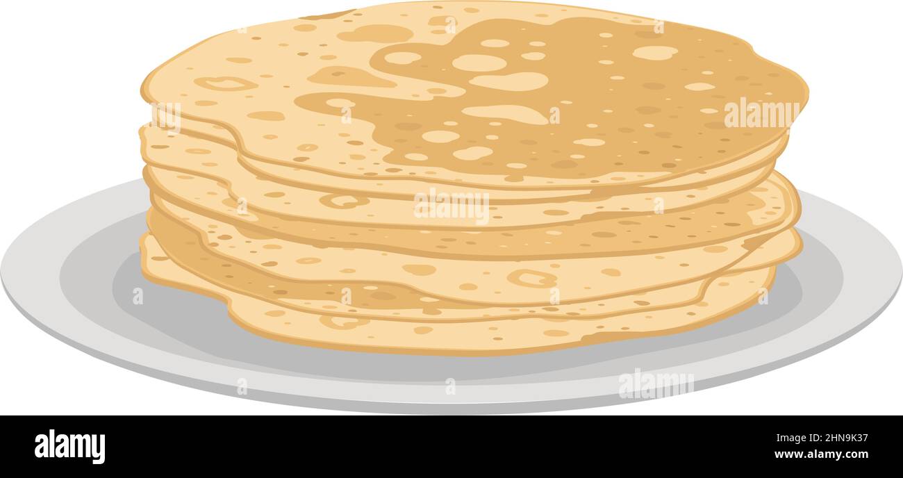 Dünne Pfannkuchen auf dem Teller. Festliches Gericht für Maslenitsa, Karneval und Fasching. Köstliches Gebäck. Vektorgrafik für flache Lebensmittel Stock Vektor