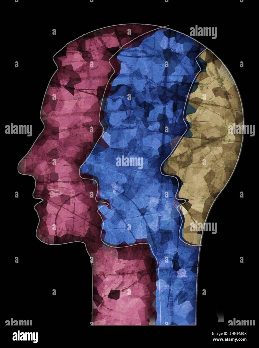Schizophrenie männlichen Kopf Silhouette. Illustration mit drei stilisierten männlichen Köpfen auf Grunge-Textur, die Schizophrenie-Depression, bipolare Diso symbolisiert Stockfoto