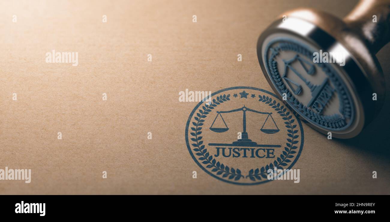 3D Abbildung eines Gummistempels mit dem Wort Gerechtigkeit und einer Skala Gerechtigkeit auf Kraftpapier-Hintergrund mit Kopierraum gedruckt. Stockfoto