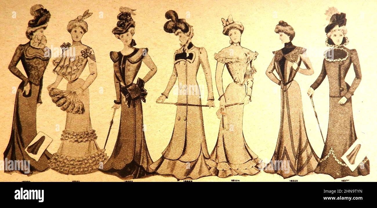 Eine Modeseite aus dem Jahr 1900, auf der die latest Damenmode in Großbritannien gezeigt wird, die damals von trendigen Frauen getragen wurde. Stockfoto