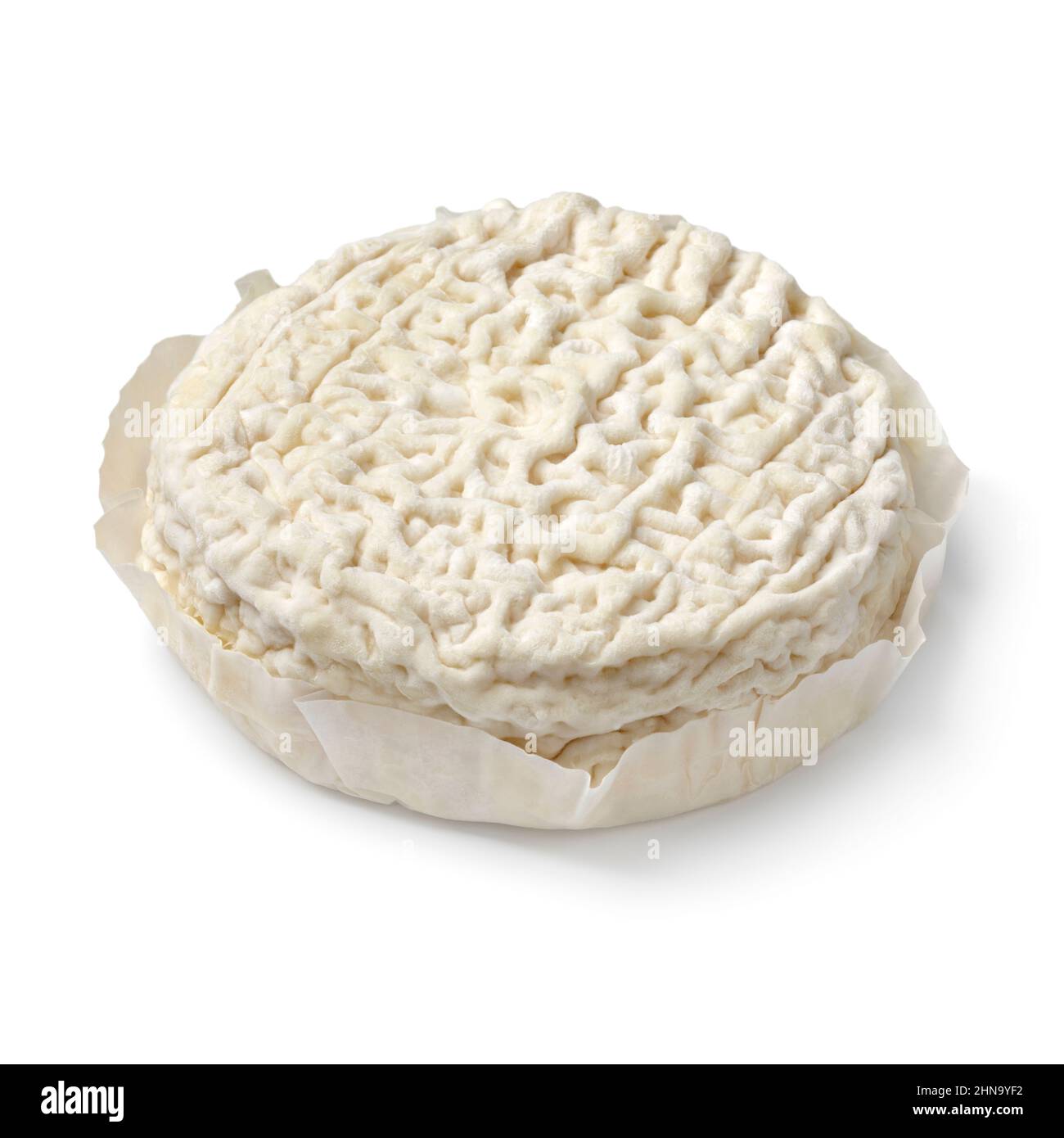 Einzelner italienischer Rochetta-Käse, drei Milchkäse, Nahaufnahme isoliert auf weißem Hintergrund Stockfoto