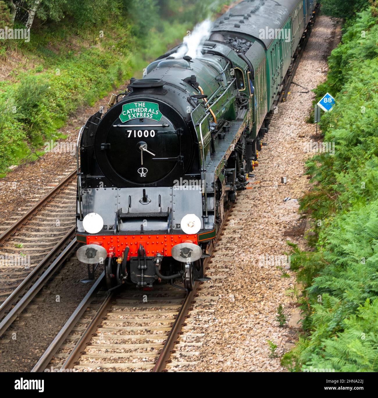 The Cathedral Express BR Standard Class 8 Pacific Dampflokomotive 71000 Duke of Gloucester dampft durch den New Forest, Hampshire, England, Großbritannien Stockfoto