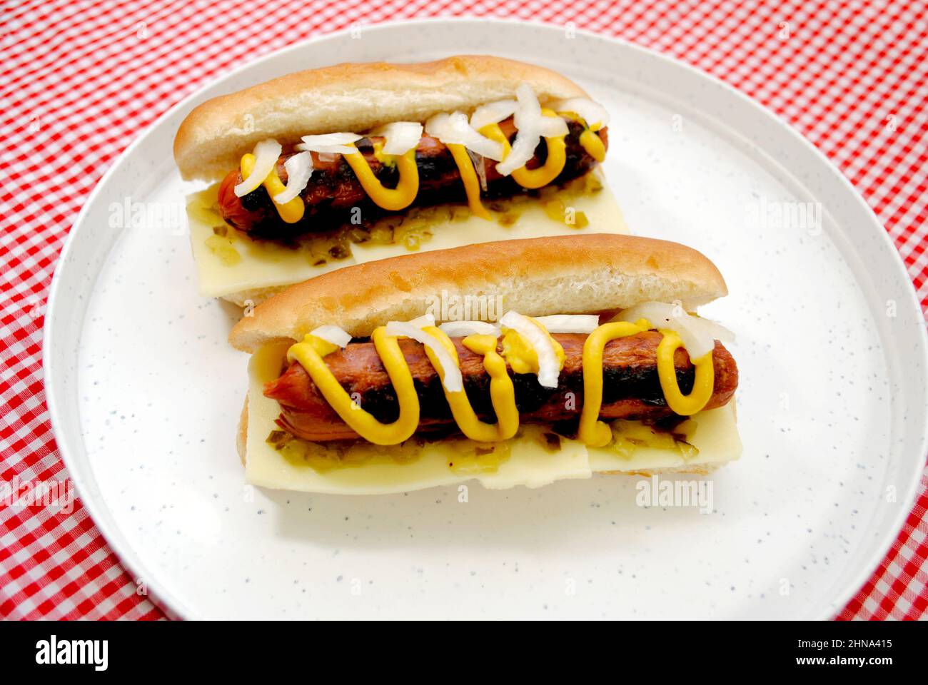 Hot Dogs mit Zwiebeln, Relish und Senf auf einem Teller Stockfoto