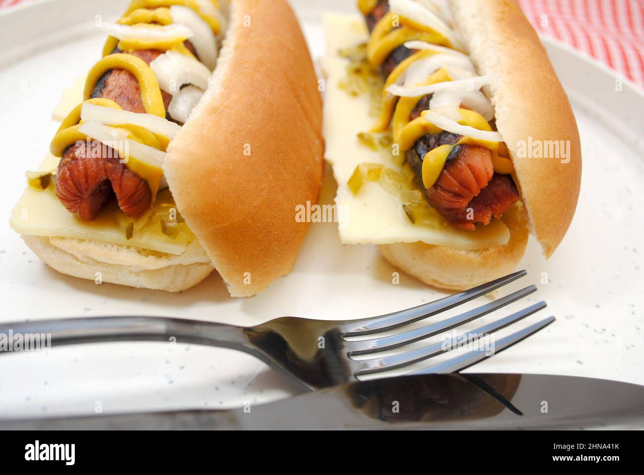 Hot Dogs mit Zwiebeln, Relish und Senf auf einem Teller Stockfoto