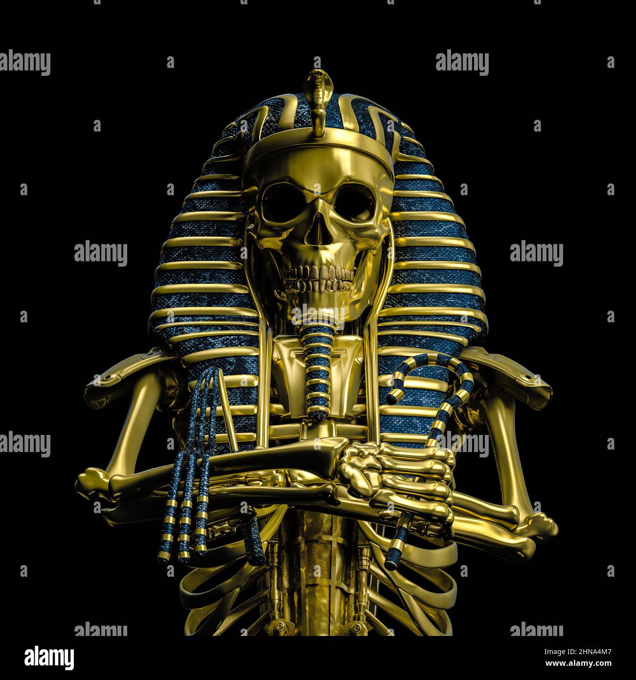 Gold pharao Skelett - 3D Illustration von gruseligen bösen goldenen metallischen mumifizierten ägyptischen König isoliert auf schwarzem Hintergrund Stockfoto