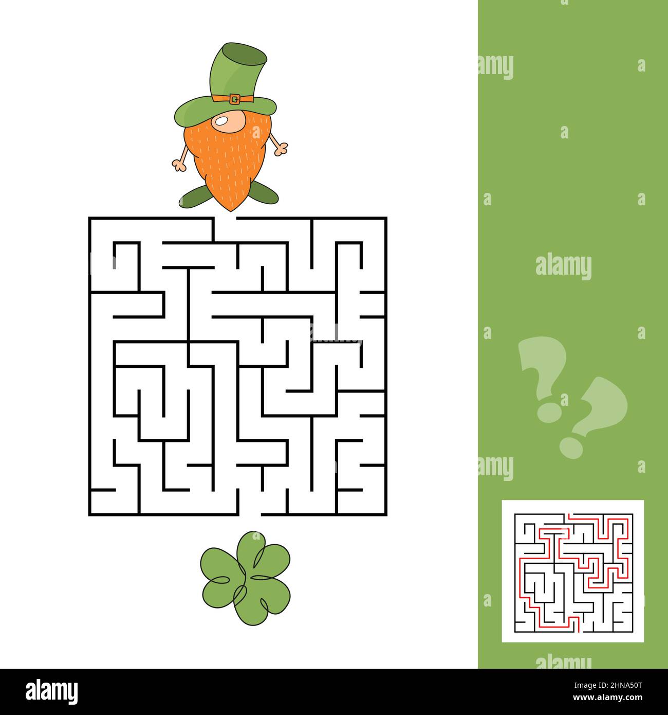 Quadratisches Labyrinth. Spiel für Kinder. Kobold und Kleeblatt. Puzzle für Kinder. Labyrinth-Rätsel mit Antwort. Darstellung von Farbvektoren Stock Vektor