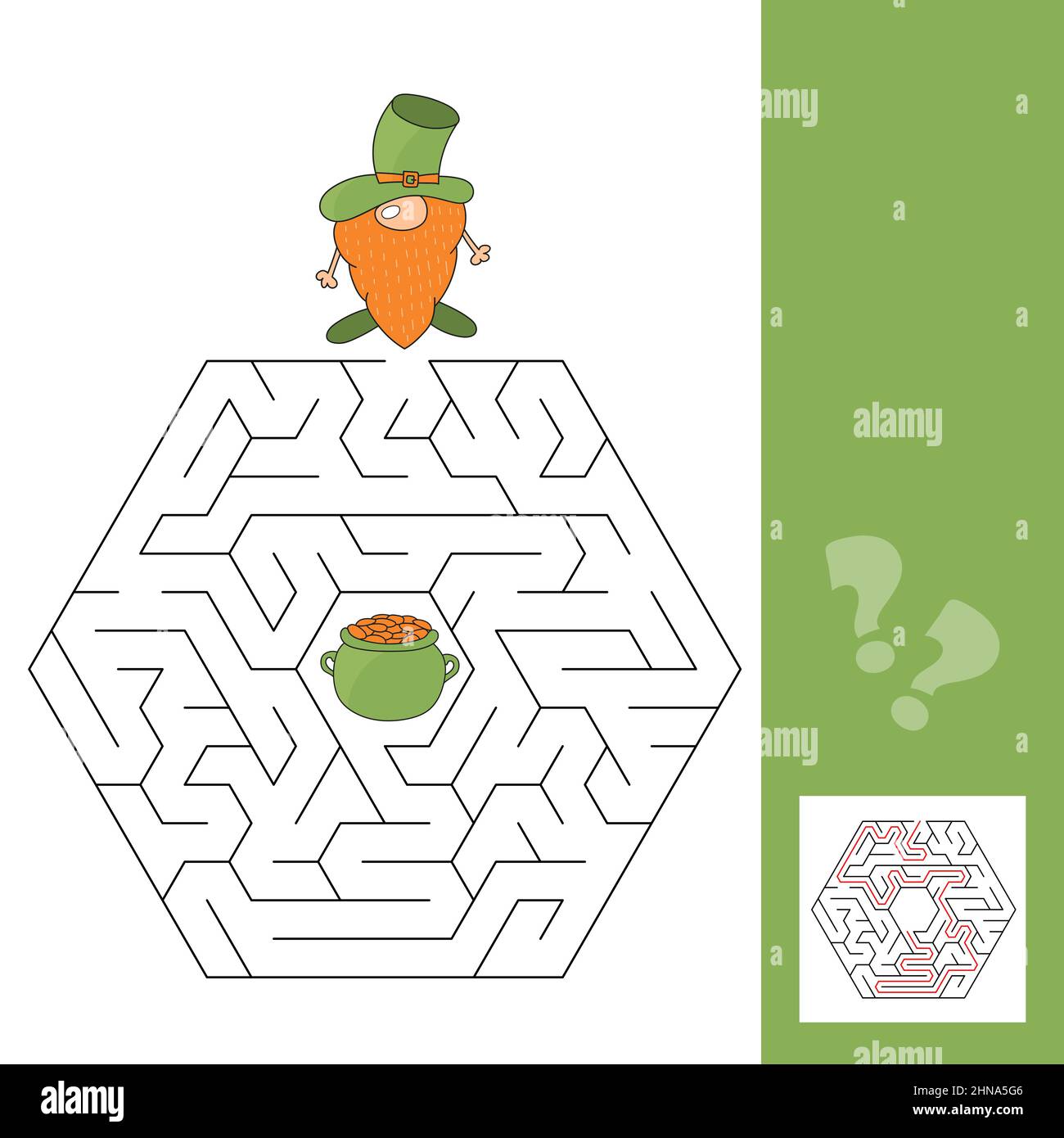 Labyrinth-Spiel für Kinder. Hilf dem Gnome Leprechaun, seinen Weg in den Topf mit Gold zu finden. Spiel für Kinder mit Antwort Stock Vektor