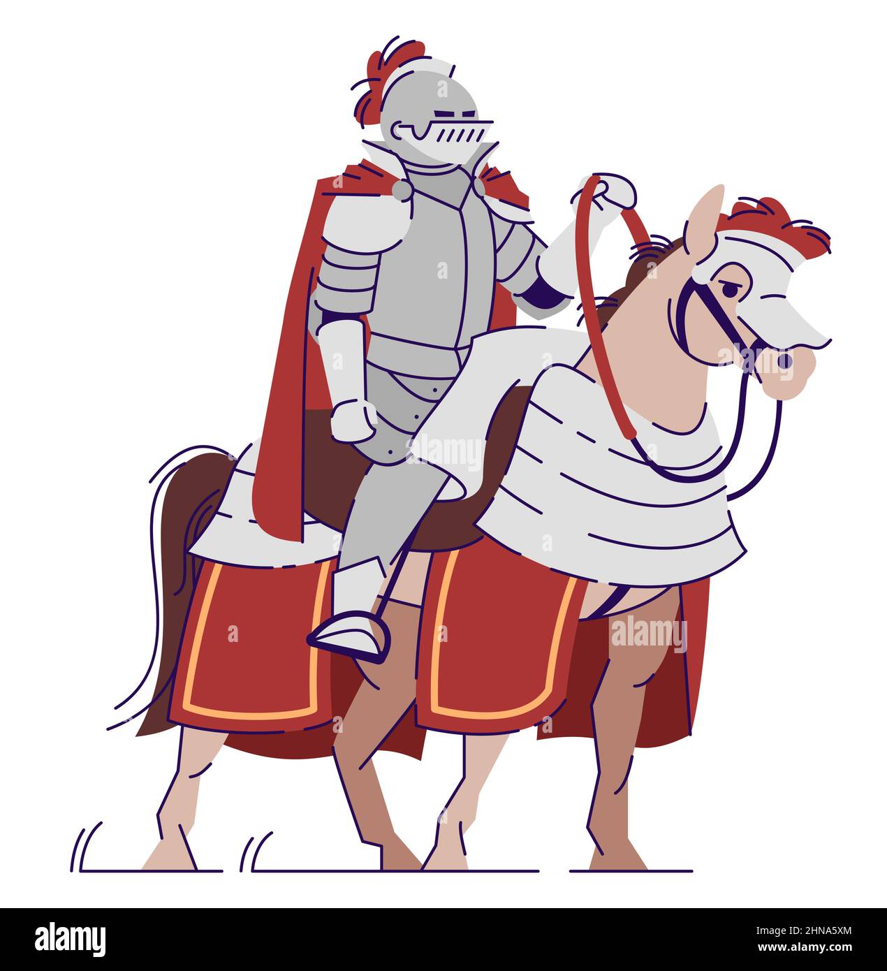 Mittelalterlicher Ritter auf Pferd sitzend semi-flache RGB-Farbvektor-Illustration Stock Vektor