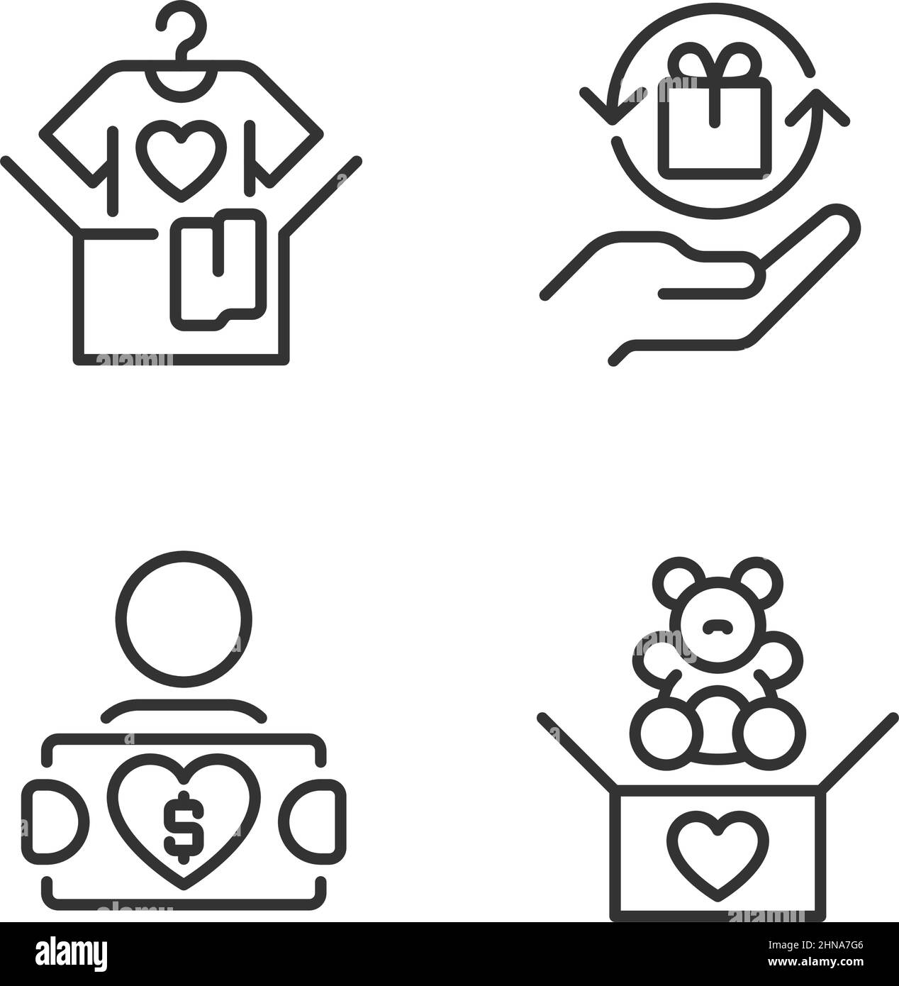 Spenden gebrauchter Waren Pixel perfekte lineare Symbole gesetzt Stock Vektor