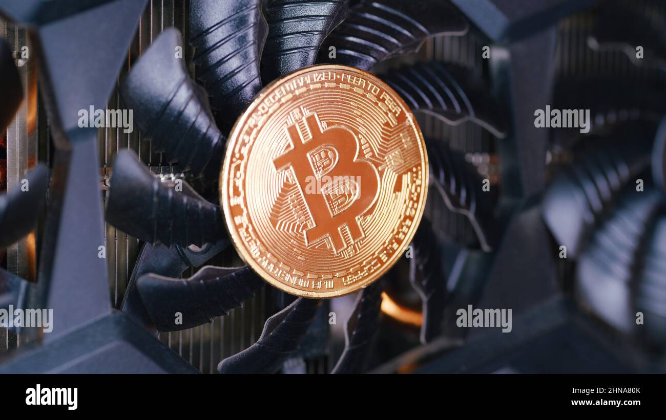 Goldene Münze mit Bitcoin-Symbol, das sich auf einem GPU-Lüfter dreht. Thema Kryptowährung Mining Stockfoto