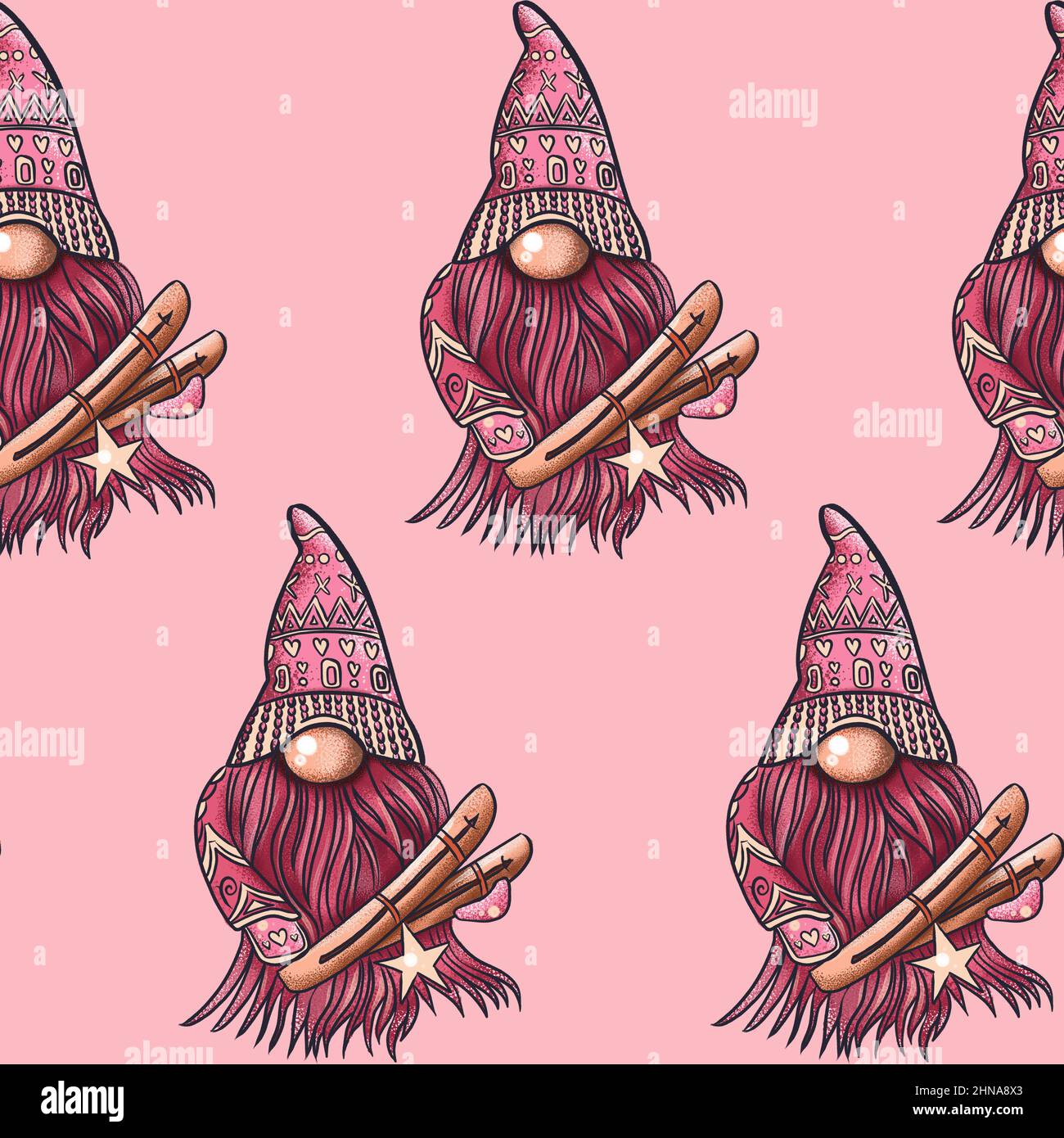 Nahtlose Musterdarstellung eines Gnoms mit einem Bart in einem Hut. Neujahr und weihnachten Symbol auf einem rosa Hintergrund. Hochwertige Illustration Stockfoto