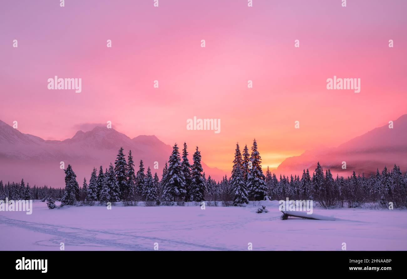 Wintersonnengang im Eagle River Valley in Südzentralalaska. Stockfoto