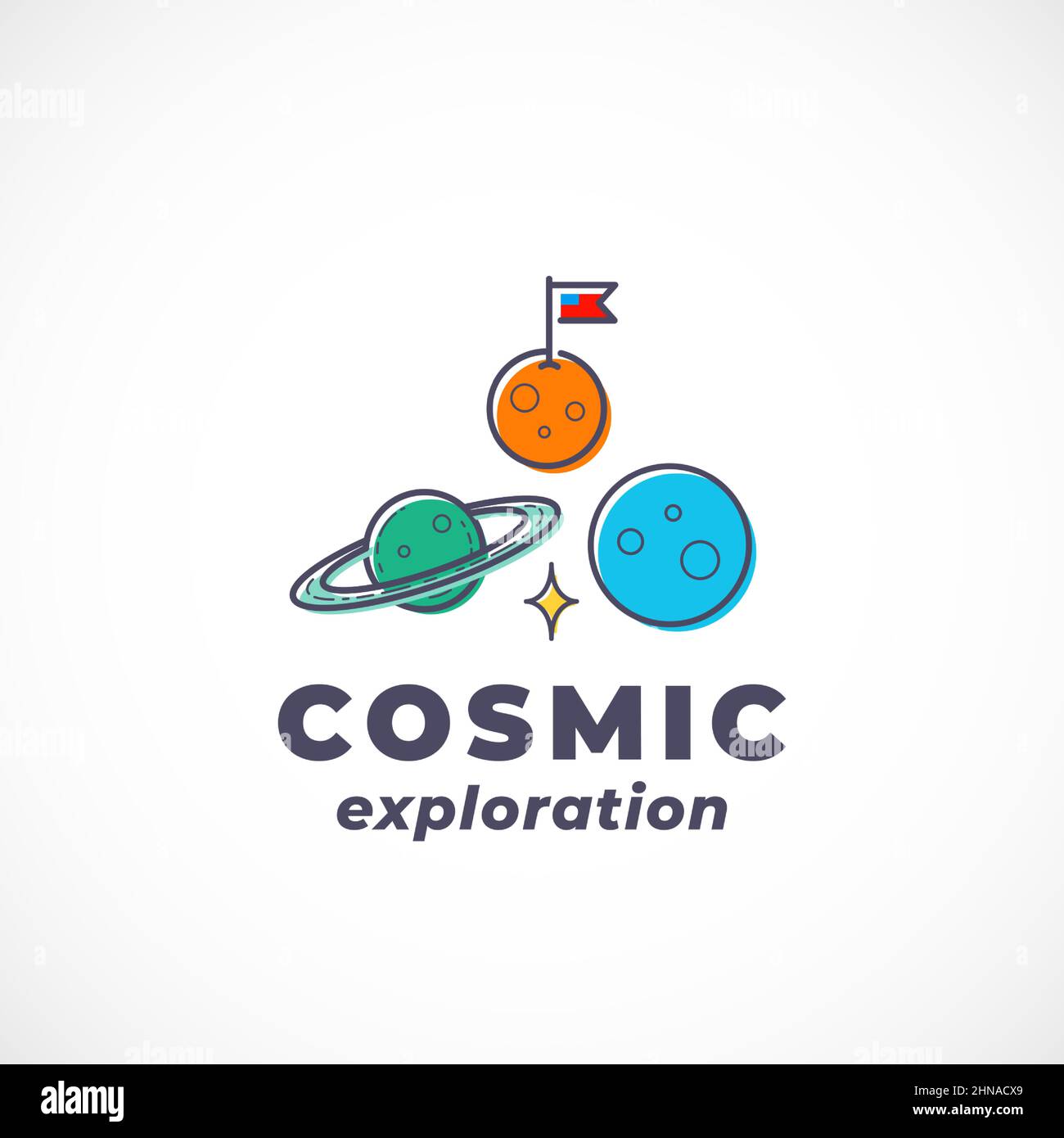 Kosmische Erkundung Abstraktes Vektorzeichen, Symbol, Logo-Vorlage. Skizzieren Sie Raumplaneten Silhouette mit moderner Typografie. Science Fiction Fantastisch Stock Vektor
