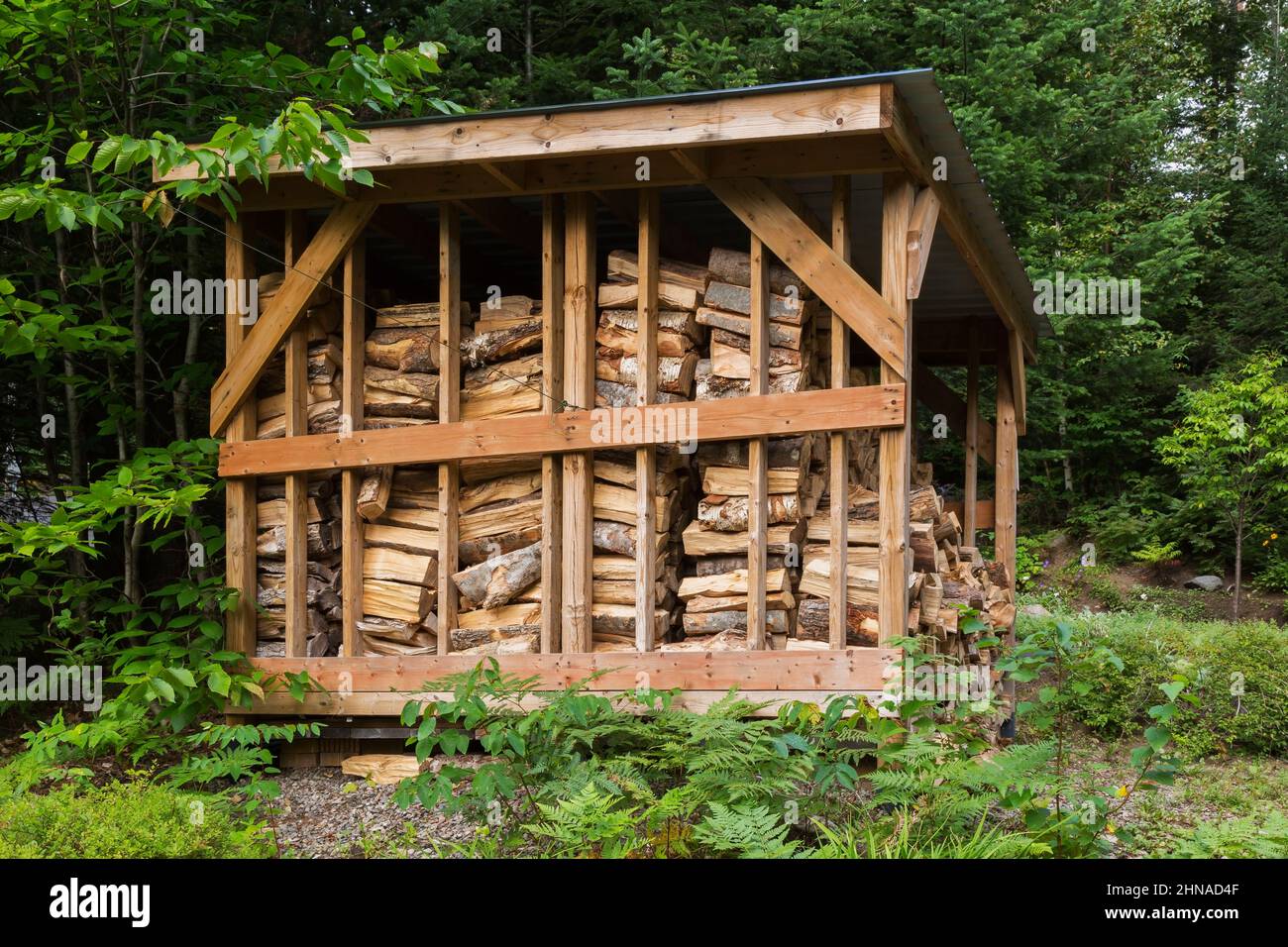 Gestapeltes Brennholz, das in einem offenen Holzschuppen gelagert wird. Stockfoto