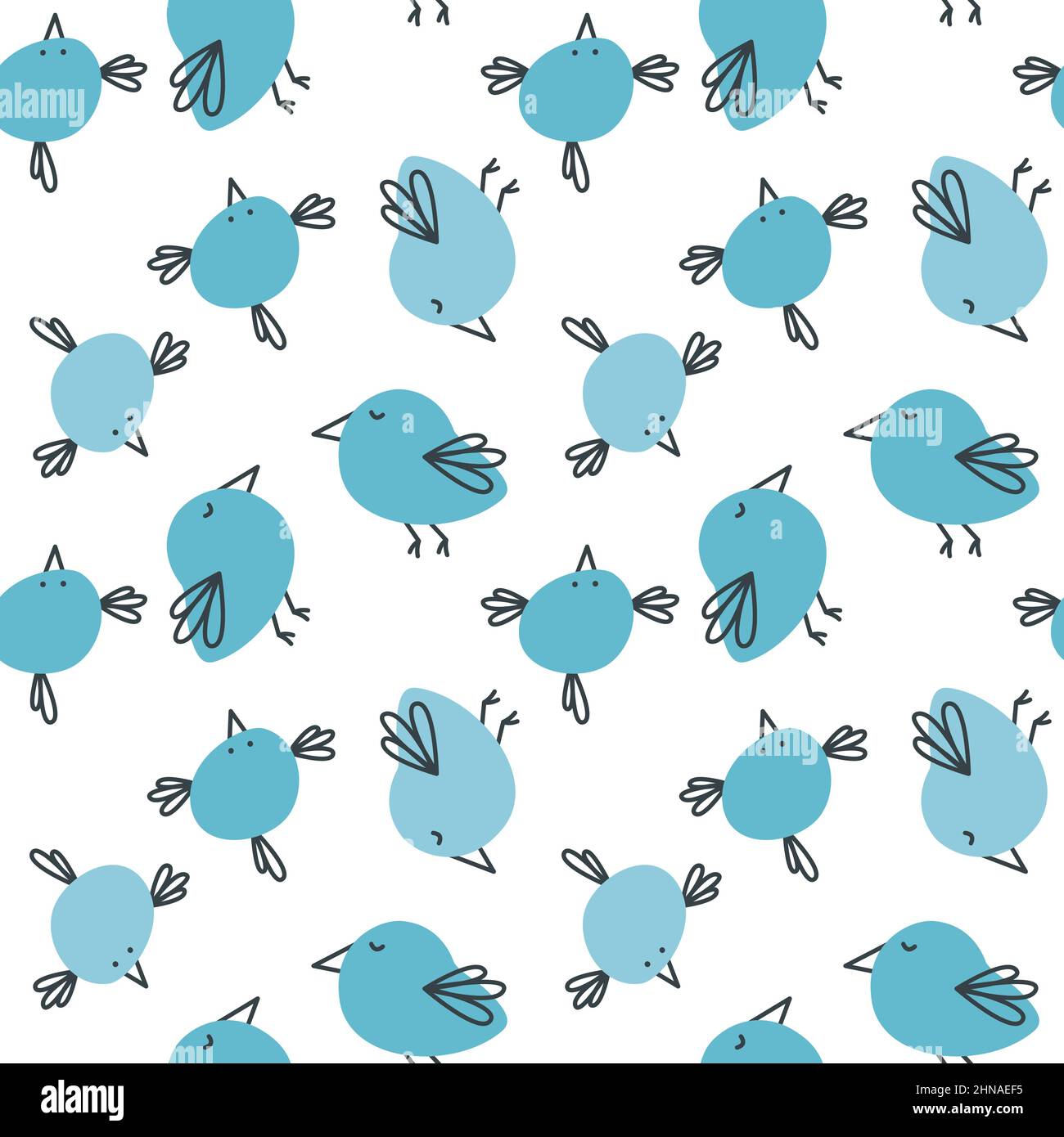 Niedliche nahtlose Muster mit lustigen Doodle Vögel. Frühlingsdruck für Grußkarten und Einladungen. Design für Kinderbekleidung, Kindertapete, sc Stock Vektor