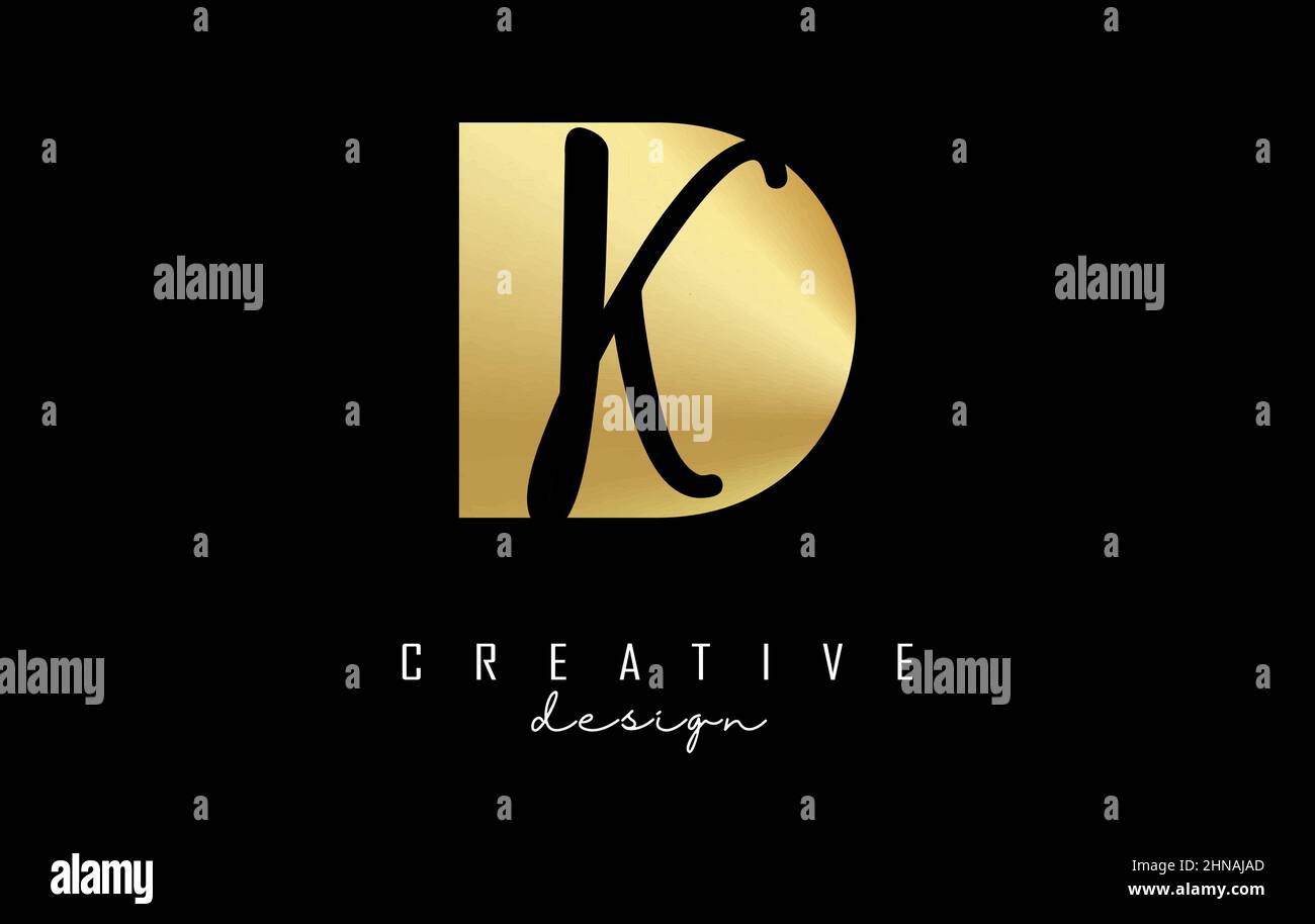 Goldenes DK-Logo mit minimalistischem Design und negativem Raum. Buchstaben D und K mit geometrischer und handschriftlicher Typografie. Kreative Vektordarstellung Stock Vektor