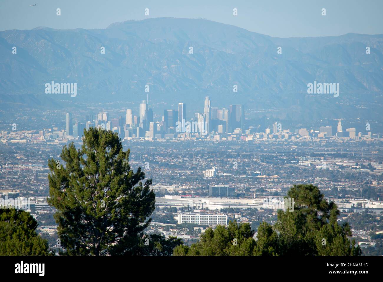 Die Skyline der Innenstadt von Los Angeles ist ein beeindruckender Anblick, ein imposantes Merkmal Südkaliforniens. Stockfoto