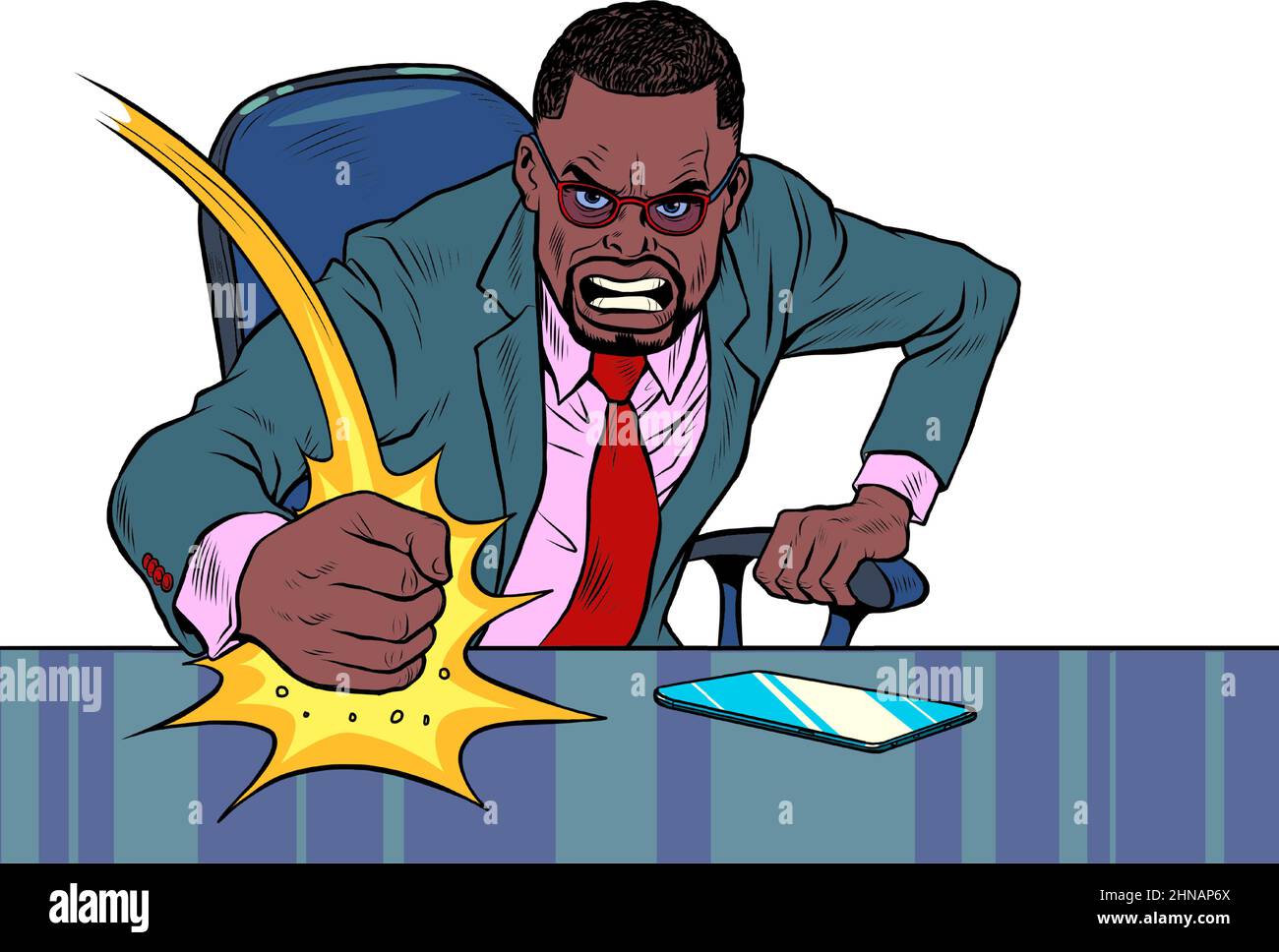 Der böse afrikanische Geschäftsmann-Chef trifft mit der Faust auf den Tisch. Emotionen im Büro. Wütender Boss Stock Vektor