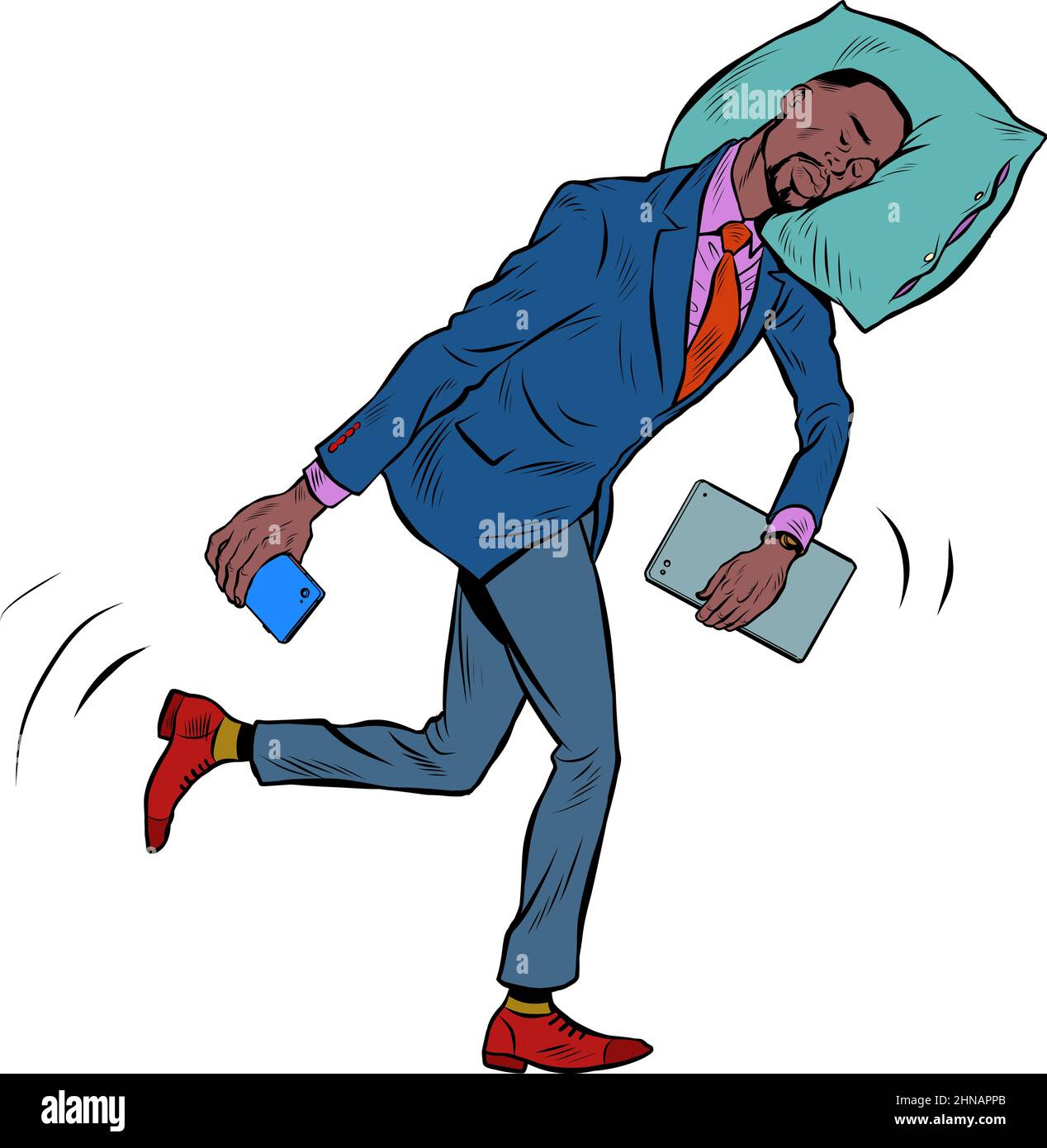 Ein müde afrikanischer Geschäftsmann schläft unterwegs. Geht morgens mit dem Kopf auf einem Kissen zur Arbeit Stock Vektor