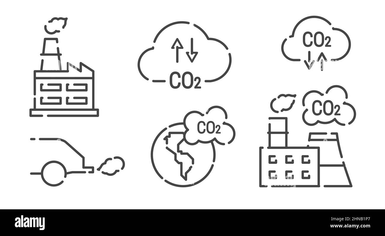 CO2, Kohlendioxidemissionen, Vektorlinien-Symbolsatz. Fabrik, Autoabgase, Planet Erde, Wolke. Flache Abbildung isoliert auf weißem Hintergrund. Stock Vektor
