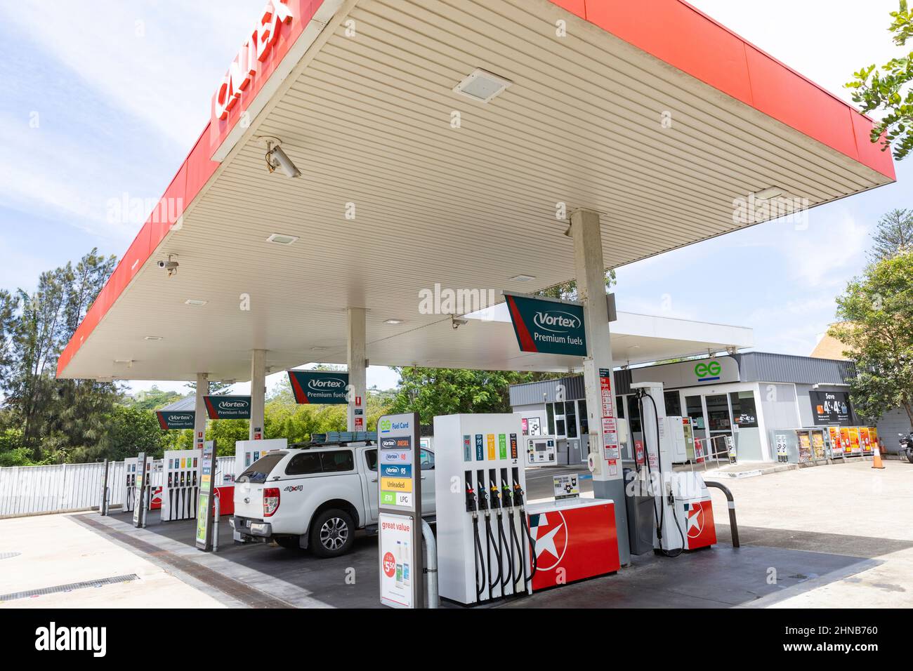 Caltex Tankstelle in Newport Beach Sydney, Autofüllung mit Benzin oder Diesel, Sydney, Australien Stockfoto
