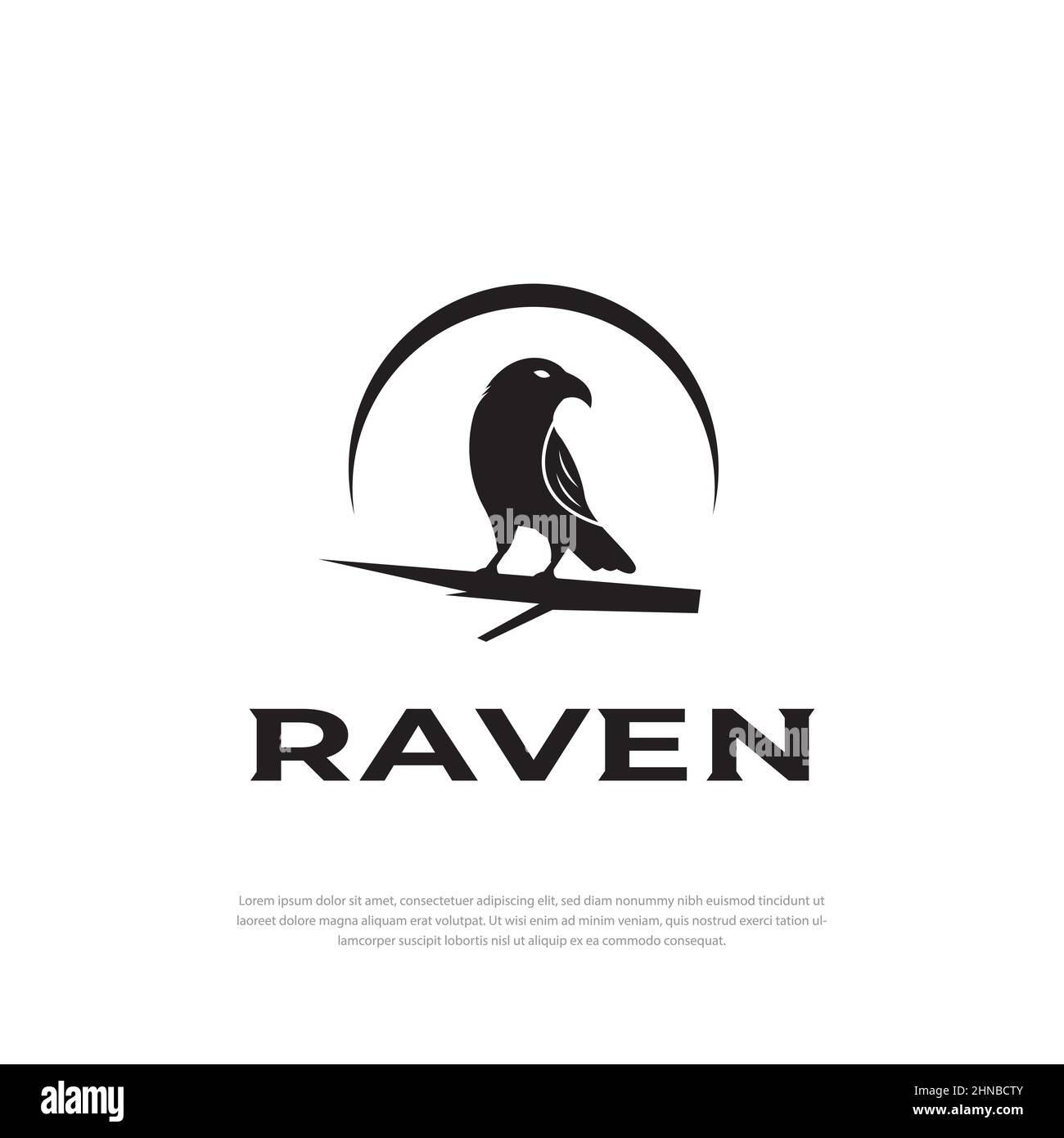 Logo Design Black Crow Silhouette thront auf einem Zweig nach vorne Stock Vektor